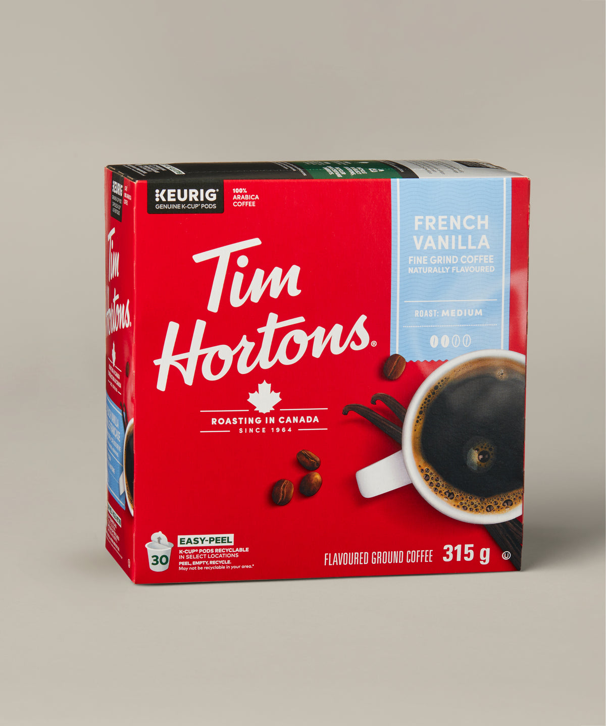 Tim Hortons French Vanilla, box of 30 Keurig-compatible K-Cup coffee pods. | Café vanille française Tim Hortons, boîte de 30 capsules de café K-Cup compatibles avec Keurig. - Image #1