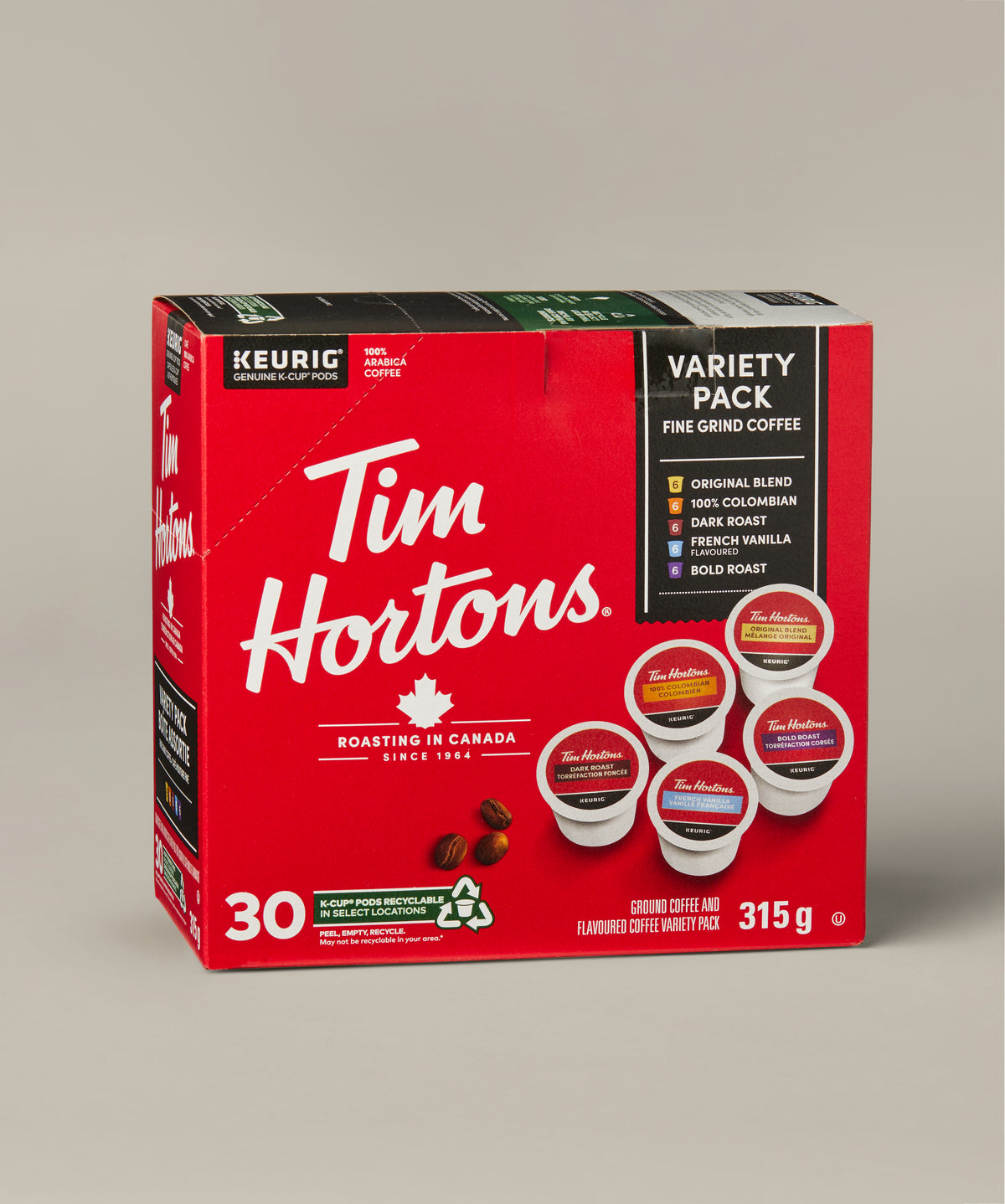 Tim Hortons Variety Pack, box of 30 Keurig-compatible K-Cup coffee pods. | Boîte assortie Tim Hortons, boîte de 30 capsules de café K-Cup compatibles avec Keurig. - Image #1