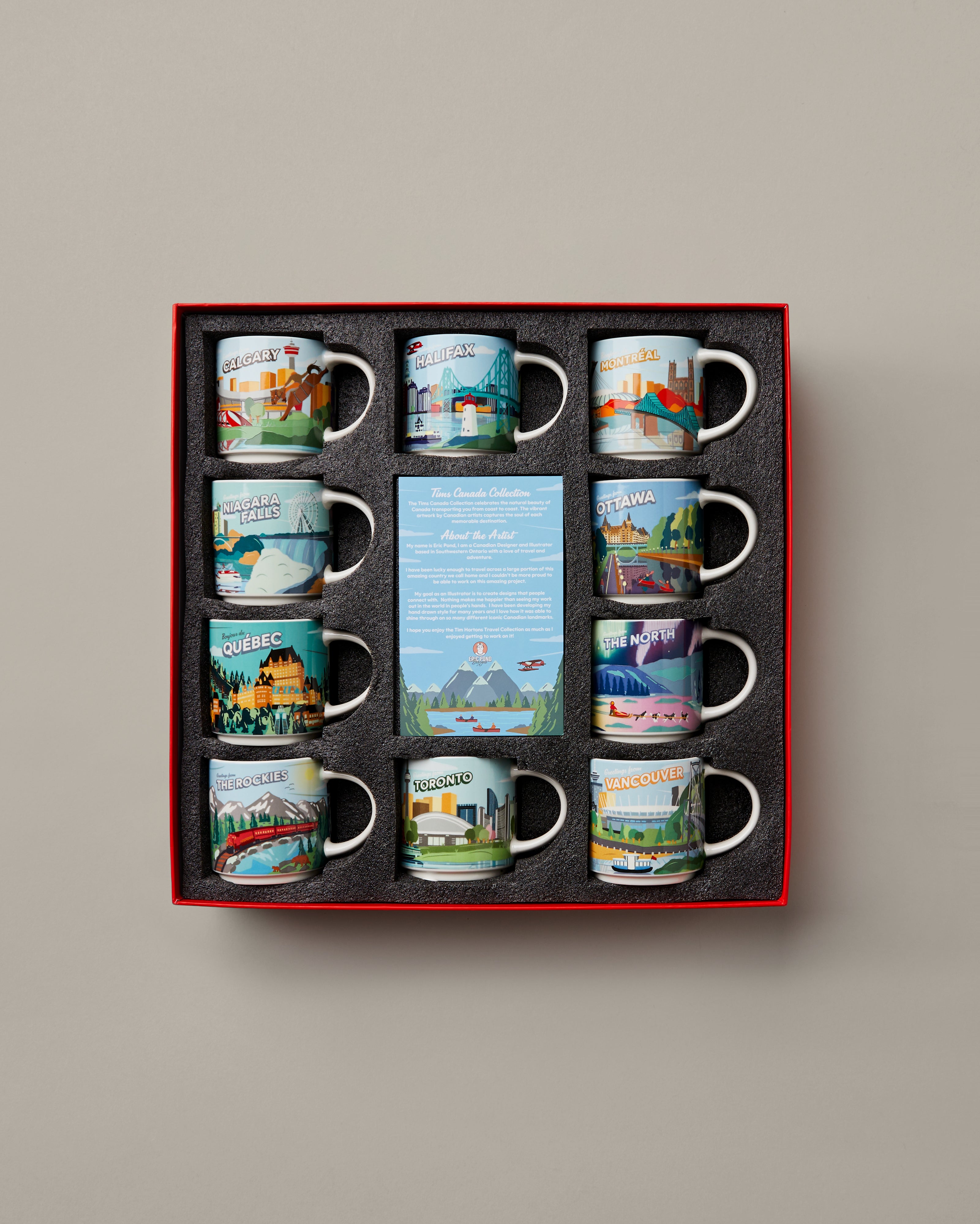 16oz ceramic Tim Hortons city mug set of 10, with designs for Canada's major cities | Ensemble de 10 tasses des provinces Tim Hortons de 16 oz représentant les grandes villes canadiennes. - Image #1