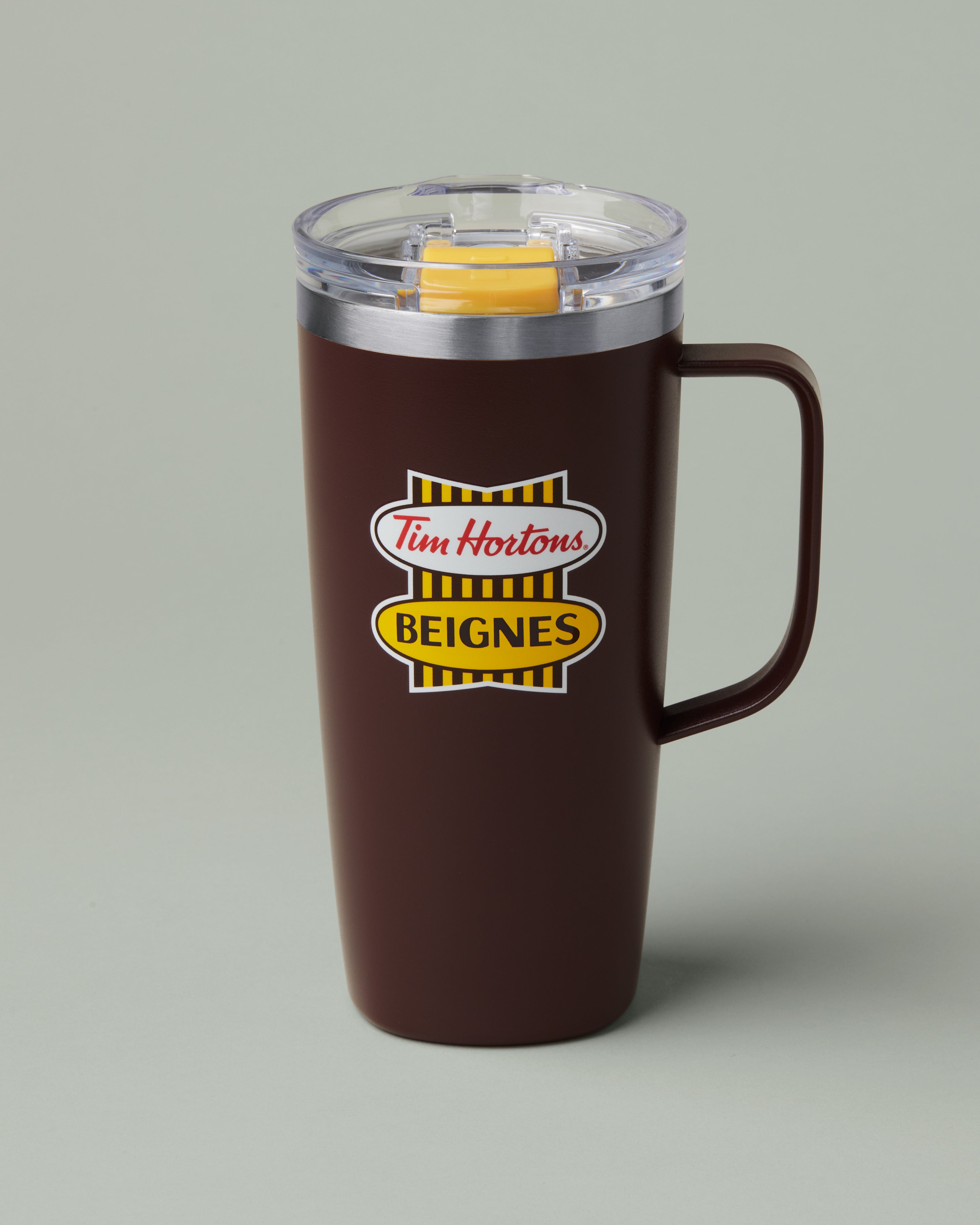 20oz Tim Hortons retro travel mug with handle featuring French retro logo design |  Tasse de voyage rétro de 20 oz avec logo rétro en français. - Image #1